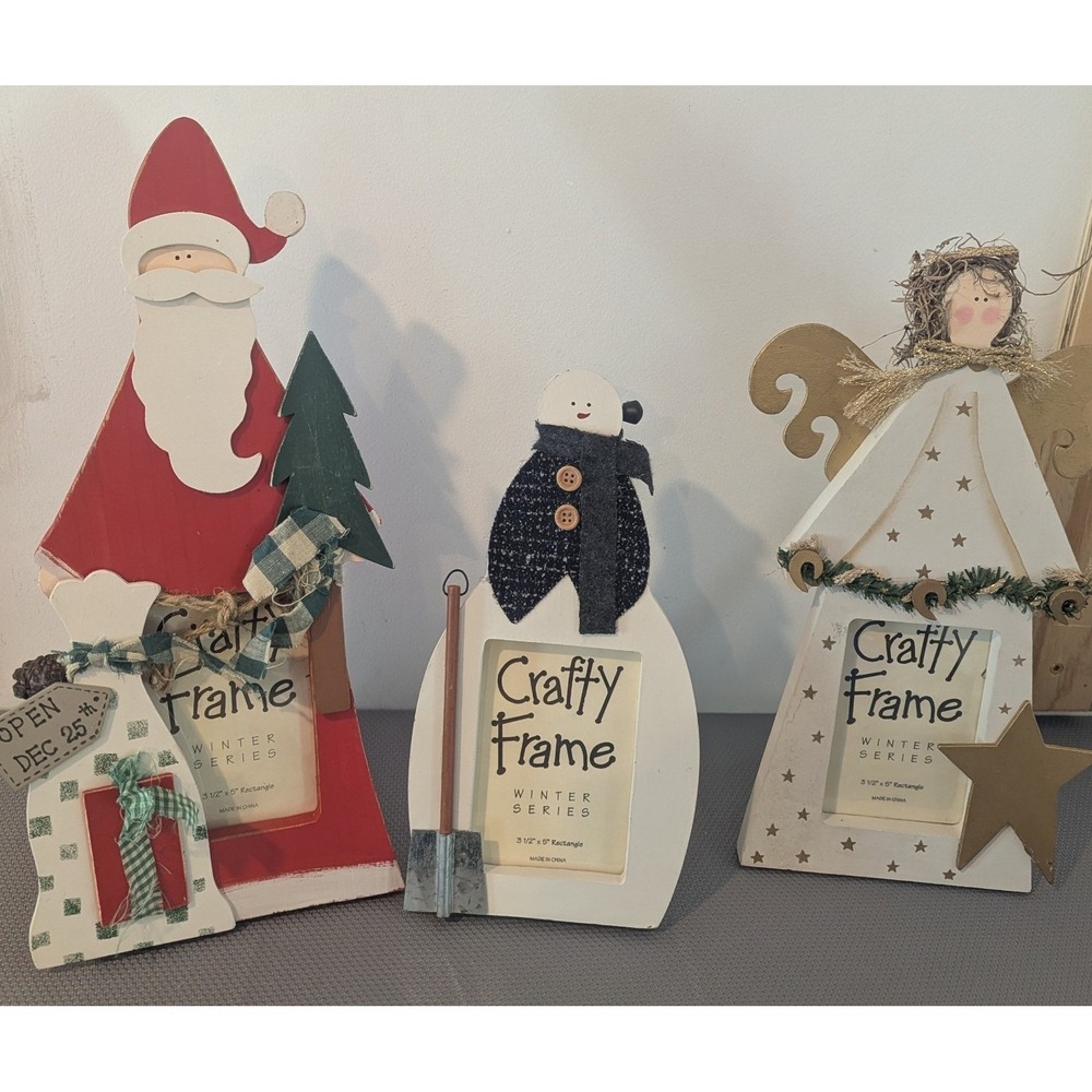 Set of Three Wooden Holiday Pictures Frames Santa Claus Snowman Angel Christmas